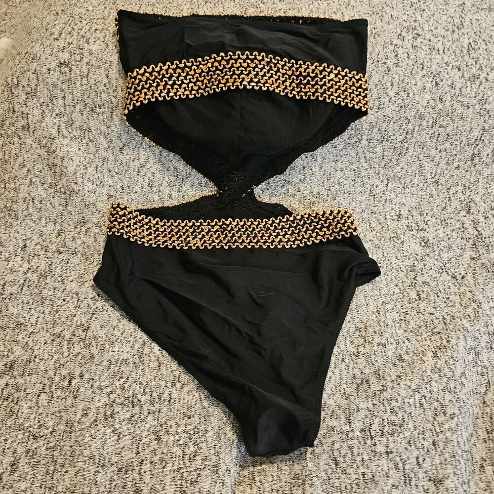 New Women's Small Stitch Cut Out One Piece Swimsuit Black & Gold Swimwear - Picture 3 of 5
